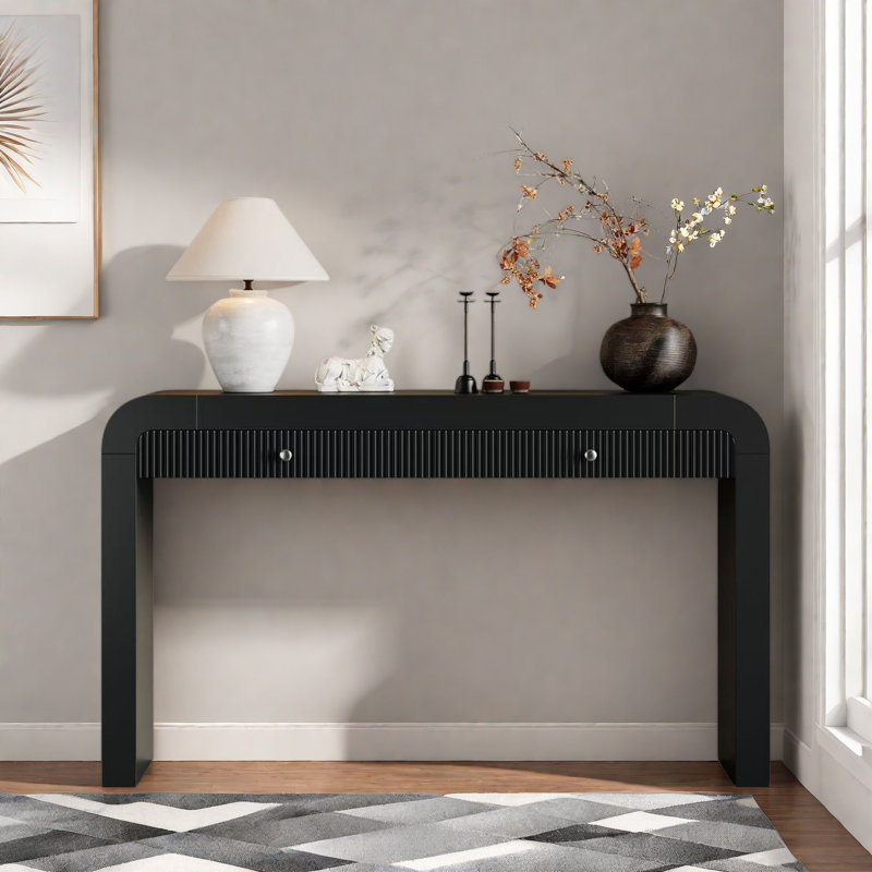 Console rustique avec 2 tiroirs, conception cannelée, coins courbés et pieds épais