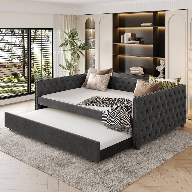 Lit de jour, canapé-lit capitonné capitonné avec couchette, lit de jour avec bouton et clou en cuivre sur accoudoirs carrés, lit de jour avec couchette