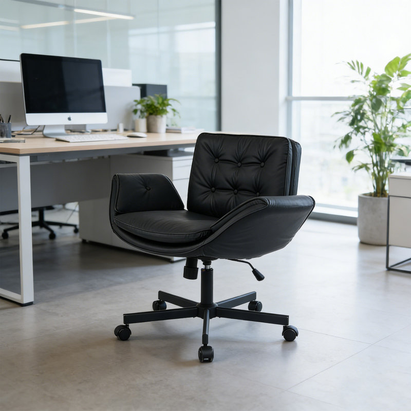 32.7" Wide Modern Premium PU Leather Office Chair With 5-Way Adjustable Arms & Pet-Friendly Wide Seat（Set Of 2）, Black/Silver