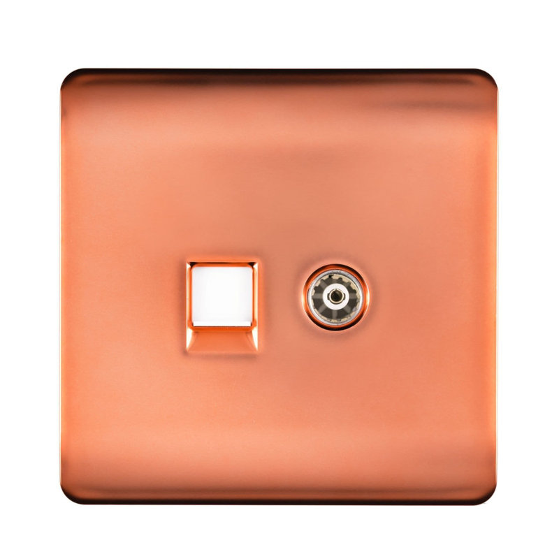 Trendi Switch 2 Gang Female TV Co-Axial & Telephone Sockets, Copper