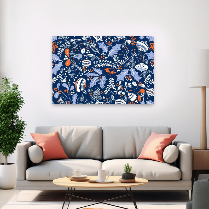 Christmas Birds And Berries Whimsical Abstract Contemporary Bird Pine Forest Nature Wall Art Print 1 Piece Wrapped Canvas Wall Art