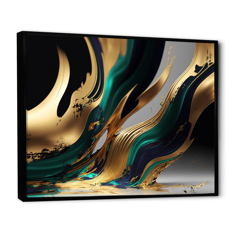 «Green and Gold Agate II», art abstrait sur toile transitionnel, H 12 po x l 20 po, Reproduction avec cadre flottant, Noir
