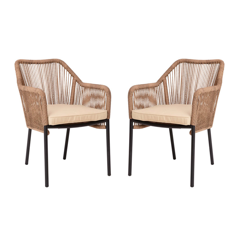 Natural Woven Metal Outdoor Dining Chairs with Cushions