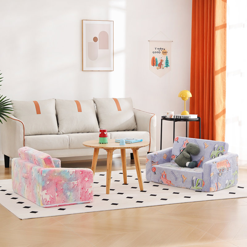Kids Sofa, Extra Wide 2 In 1 Kids Fold Out Chair Convertible Sofa To Lounger, Vehicles