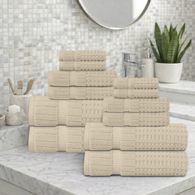 Willow 12 Pieces Towel Set – 100% Combed Cotton, Premium Quality 630 GSM, Ivory, Ultra-Soft & Highly Absorbent (4 Bath, 4 Hand, 4 Wash Towels set)