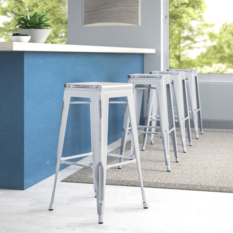 Tabouret à hauteur de comptoir 24 po intérieur / extérieur en métal avec siège carré, Bleu cristal, 4