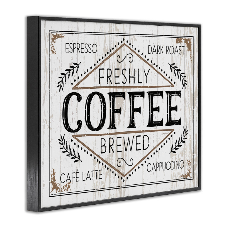«Rustic Fresh Brew Coffee Sign Autumn Charm» par Jennifer Pugh - impression d'art graphique, Giclée encadrée noir minuit
