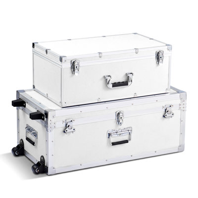 Coffre de rangement en métal, ensemble de 2 boîtes de rangement en bois avec cadenas, grand coffre comprenant des roulettes et 3 poignées en métal, coffre de rangement décoratif avec couvercles pour le voyage, appartement, dortoir, blanc