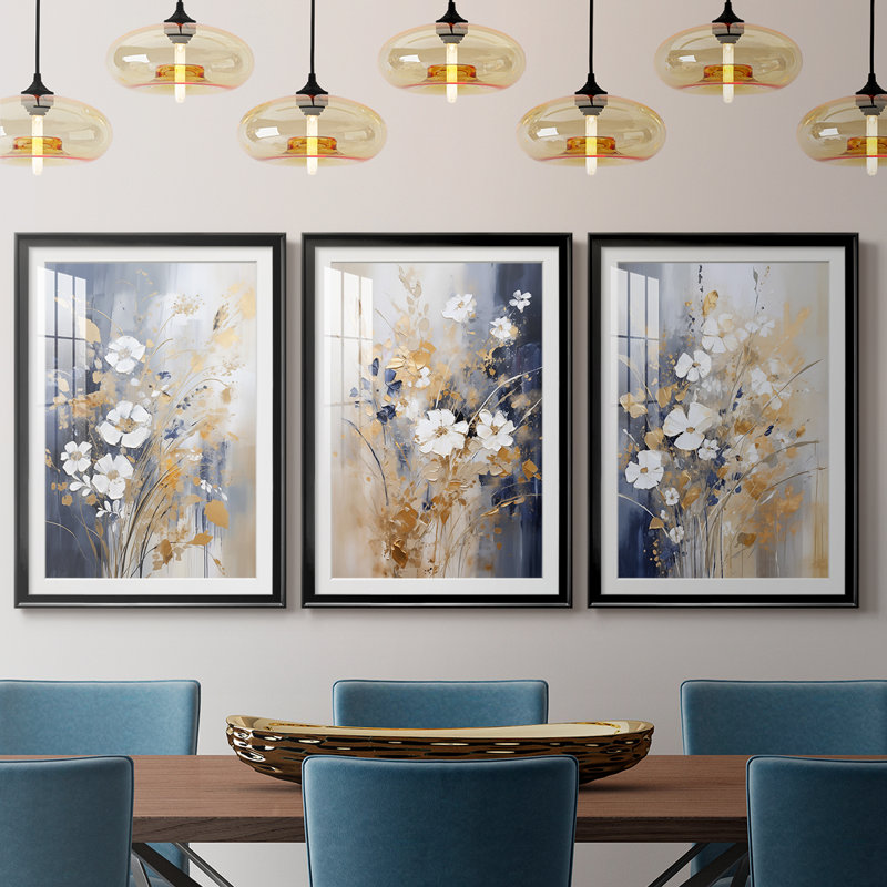 FLORAL Series CECLXII - Impression encadrée sur mesure de qualité supérieure - 3 pièces, H 21 po x l 30 po, Noir