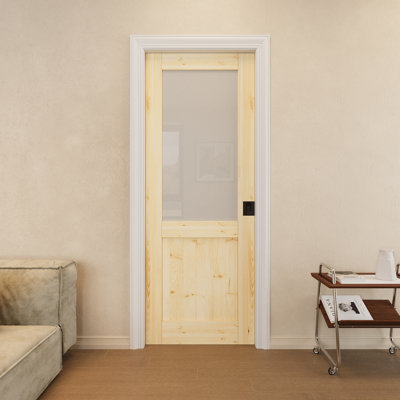 30" x 80" Half Lite Pine Wood & Frosted Glass Pocket Door with Black Lock, Natural Pine Wood, Privacy & Safety Tempered Glass Door Slab, Paintable & Waterproof, Suit for Closet, Pantry Doors, Bedroom Doors
