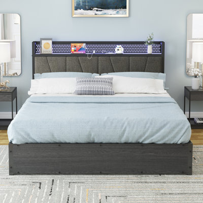 Shila Lift Up Bed with Linen Upholstered & LED Storage Headboard