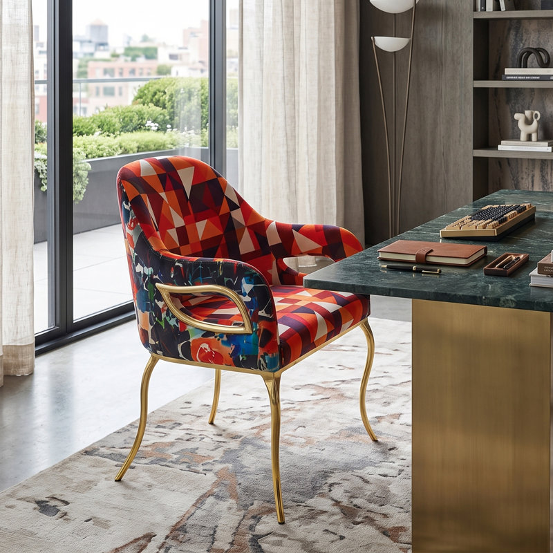 Fauteuil d'appoint Premier Vivo à revêtement rembourré et à motifs, avec pieds dorés, Abstract Mosaic Orange