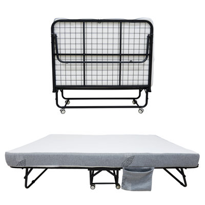 Space-Saving Folding Guest Bed - 5" Memory Foam Mattress, Sturdy Metal Frame, Portable Rollaway with Lockable Wheels, Side Storage Pocket, Easy Assembly for Adults, Ideal for Home & Dorm