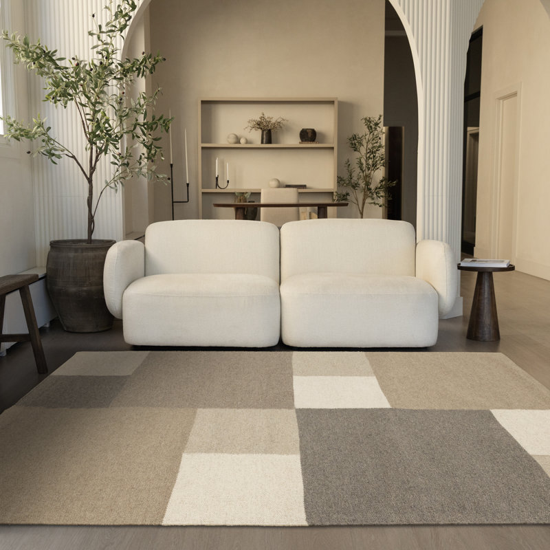 Noemi Handmade Beige Ivory Squares Area Rug, Rectangle 5'3" x 7'7"
