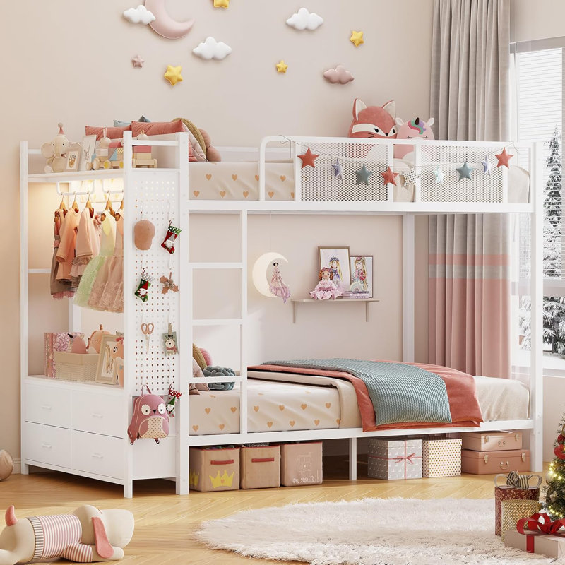 Metal Bunk Bed Twin Over Twin With Hall Tree, Power Outlet, Led Bunk Bed, Twin Over Twin, White