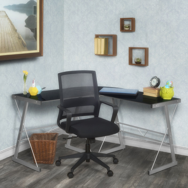Black Tempered Glass L-Shaped Computer Desk with Steel Frame