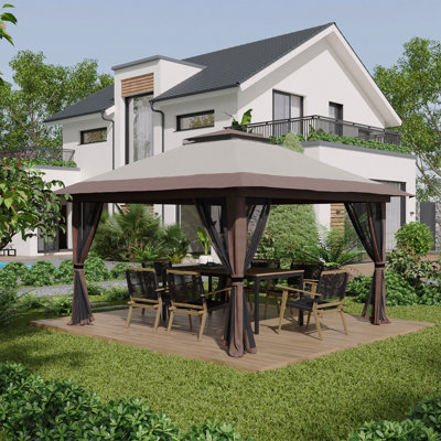 Pavillon de jardin escamotable 13X13FT, moustiquaire pour la fête avec toit double et sacs de sable (beige)