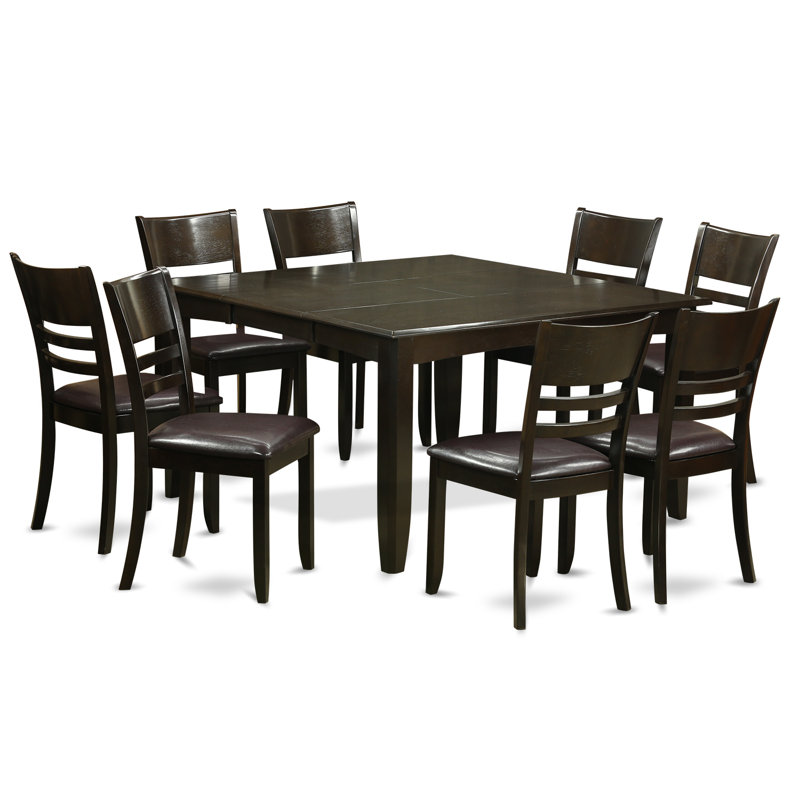 Ensemble de salle à manger 9 pièces comprenant une table carrée avec rallonge papillon et 8 chaises de cuisine en similicuir, Cappuccino