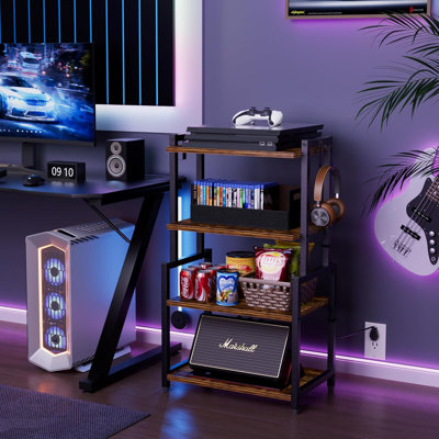 4-Tier AV Media Corner Shelf, Game Console Stand With 2 Hooks, Stereo Audio Component Rack, Small Entertainment Centre For Video Game And Vinyl Record Storage