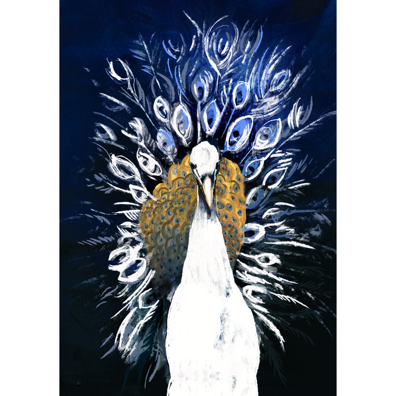 Paon blanc sur fond bleu marine - peinture sur toile tendue, H 12 po x l 8 po