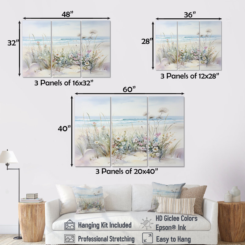 Fleurs sauvages sur la plage II - ensemble d'art sur toile Fleurs sauvages, H 28 po x l 36 po x P 1 po, Toile tendue