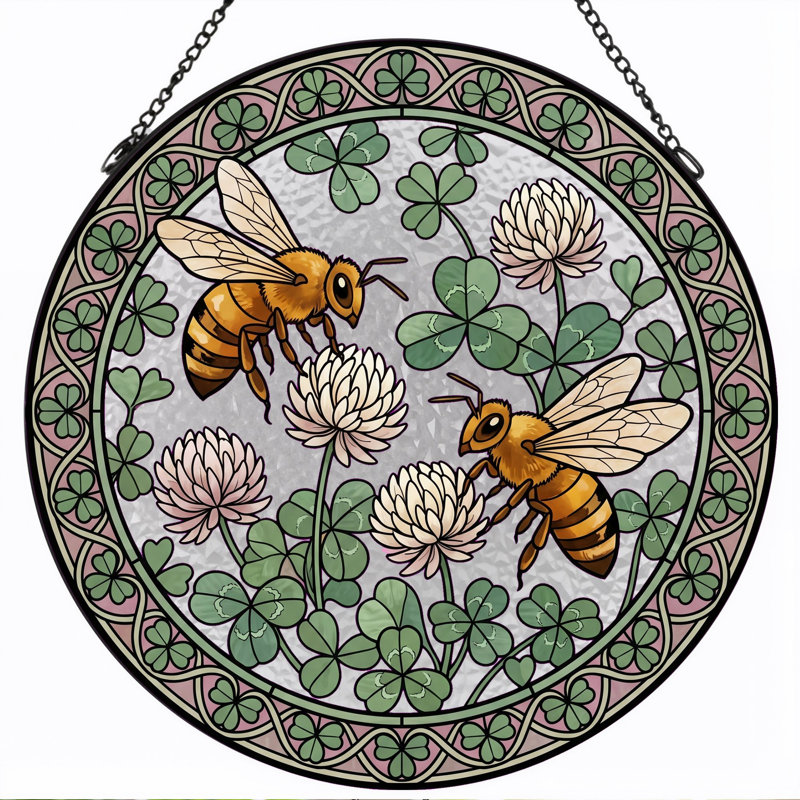 Panneau de vitrail abeille trèfle ， H 12 po, H 12 po