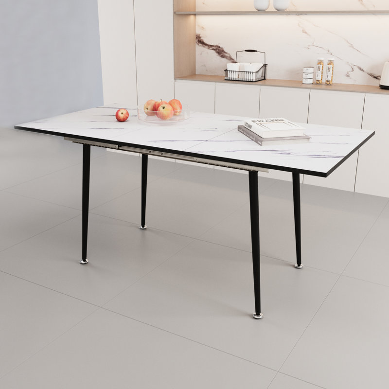 Table extensible de 47 po à 63 po, style marbre blanc, style industriel moderne pour salle à manger extensible 63 po, motif, pieds en métal noir 2 à 6