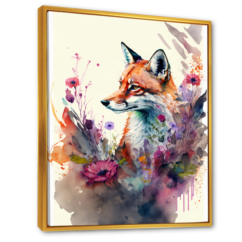 «Cute Fox Floral Art II», peinture sur toile, H 20 po x l 12 po x P 1 po, Toile avec cadre flottant or