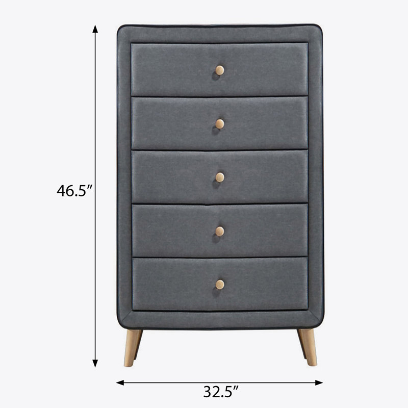 Commode 5 tiroirs rembourrée gris clair