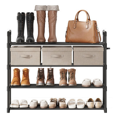  Range-chaussures ajustable à 10 niveaux - structure en métal avec tablettes en tissu non tissé, rangement multi-pièces pour l'entrée, la chambre à coucher, le salon - noir, boîte de rangement pour chaussures à 4 couches, 92 x 30 x 75 cm