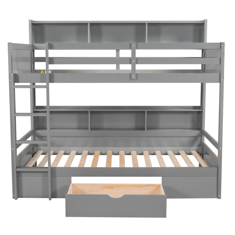 Lit superposé simple avec tablettes intégrées à côté du lit supérieur et inférieur et du tiroir de rangement, gris, Gris