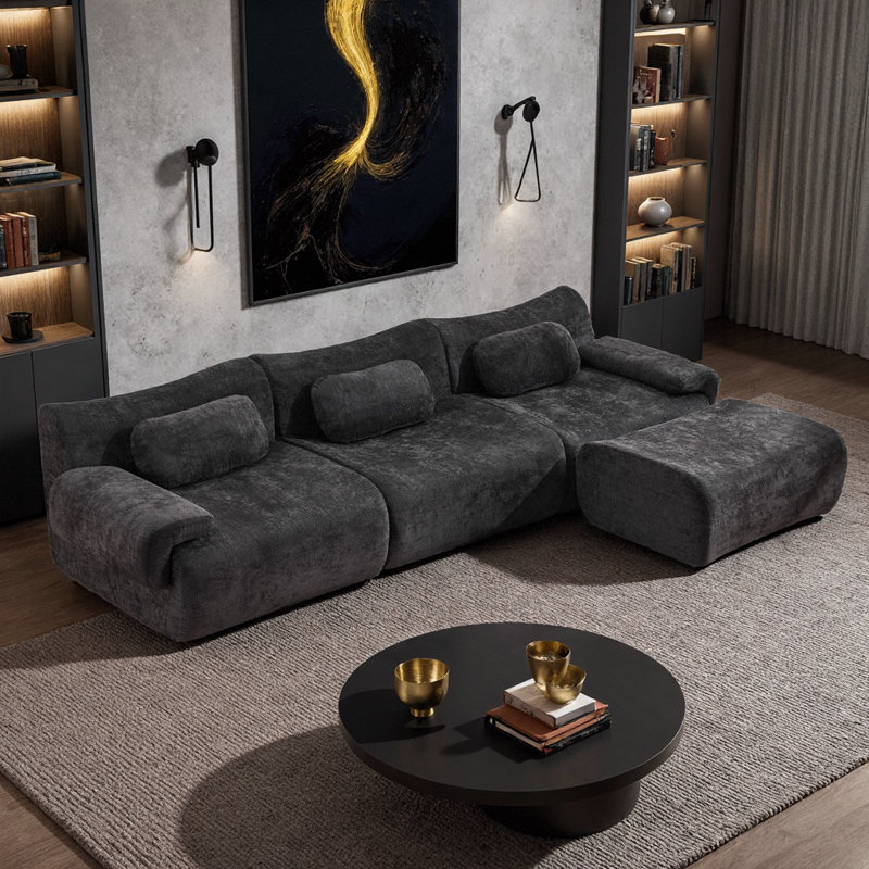 Canapé modulaire moderne à assise profonde en chenille moderne avec coussins, 3 + 1 places en jaune ensoleillé pour le salon et la chambre à coucher