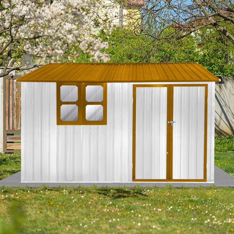 Abri de jardin en métal 10 pi avec rangement extérieur blanc et jaune avec fenêtre, Jaune
