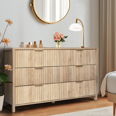 6 Drawer Dresser with Fluted Panel, Wide Chest of Drawers, Curved Wooden Dresser for Closet with Metal Wide Handles, Storage Dresser Organizer by Ebern Designs