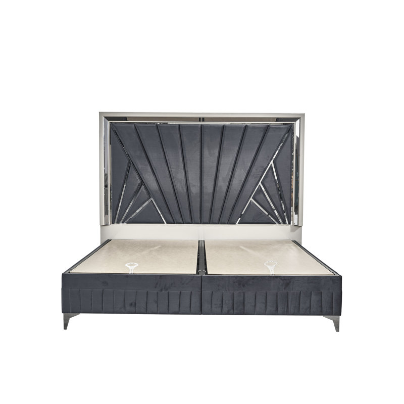 Grand lit tapissier contemporain avec rangement pratique et velours en tissu d'ameublement hydraulique gris minuit