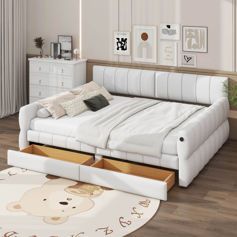 Grand lit de jour avec port USB et 2 tiroirs, Blanc