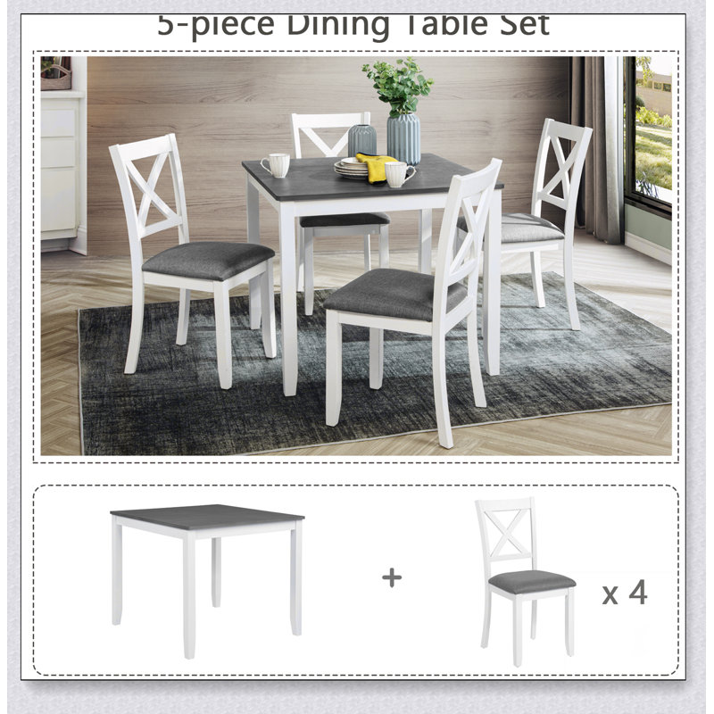 Ensemble de table de salle à manger 5 pièces avec 4 chaises, ensemble de table de salle à manger moderne en bois pour 4 personnes, ensemble de table de salle à manger pour 4 personnes pour petite place, cuisine, salle à manger, deux tons gris et blanc