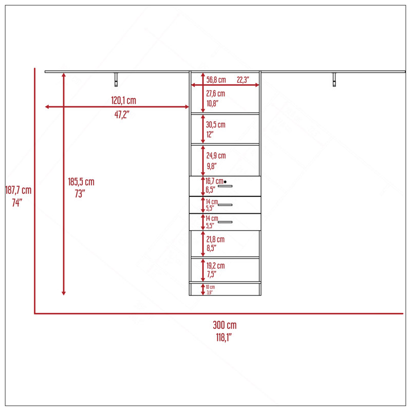 Closet System 69"W - 118"W, Four Hanging Rods, Three Drawers, Five Shelves, Dark Walnut