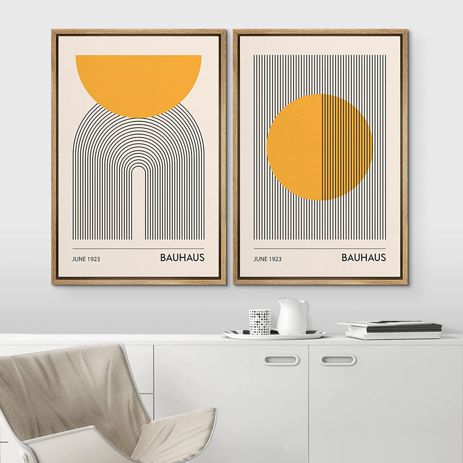 Mid Century Modern Boho Bauhaus Solar Sun Abstract Art Decor Framed On Canvas 2 Pieces Print, 36" H x 48" W