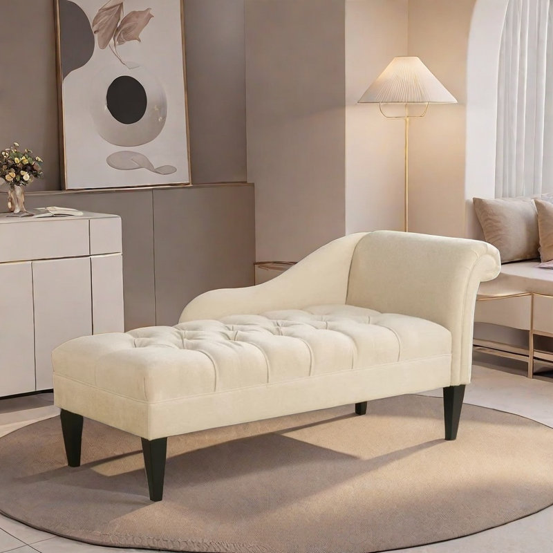 Chaise Longue with Sturdy Wood Frame, Right Hand Facing, Creamy White