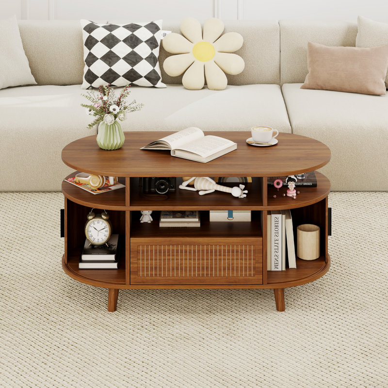 Table basse 39,4 "ovale avec rangement, table basse cannelée avec porte coulissante, tables centrales Mid-Century modernes avec tiroir