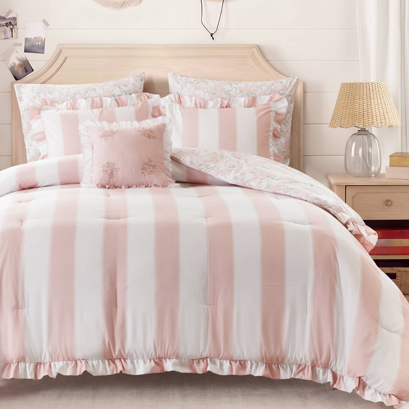 Pink Full/Queen Bedding Sets, Microfiber Ruffle Comforter for Bedroom