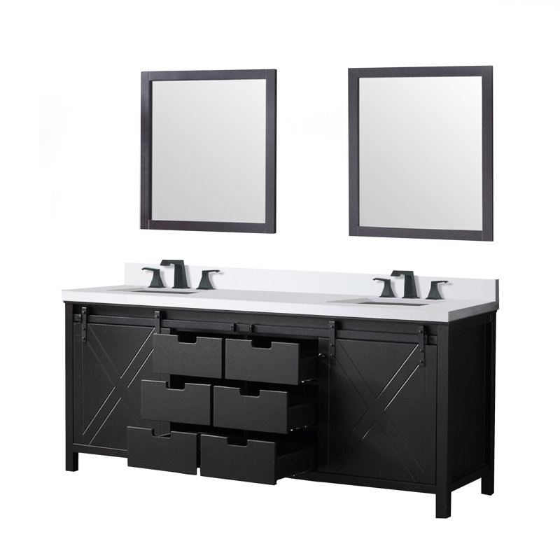 Ensemble de meuble-lavabo double avec robinet l 80 po x P 22 po Marsyas, Brun, Marbre de culture blanc