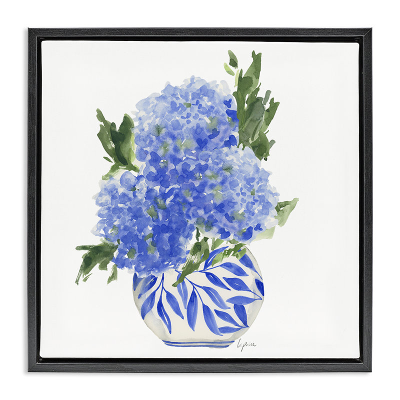 «Blue Hydrangeas in Leaf Vase», art mural par Lucille Price, Cadre flottant noir de jais, H 18 po x l 18 po