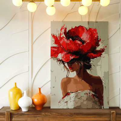 Abstrait, femme, portrait, fleur rouge, chapeau, peinture, reproduction d'art moderne sur toile, floral, botanique, abstrait, moderne, rouge, décor décoratif pour le salon, la chambre, le bureau, le couloir, la galerie
