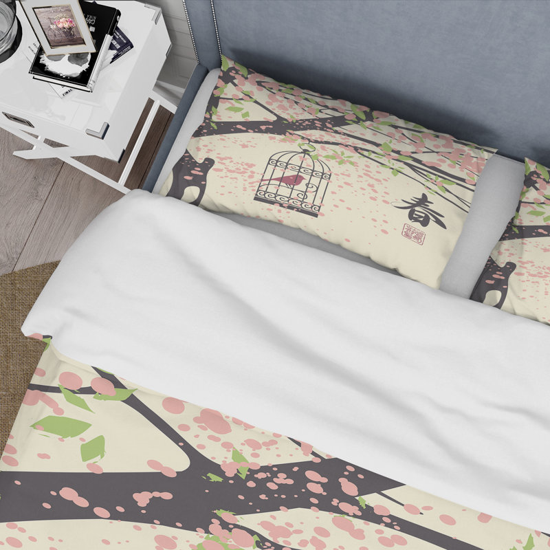 Ensemble de housse de couette cerisier en fleurs avec oiseau rose et signe chinois - traditionnel en polyester
