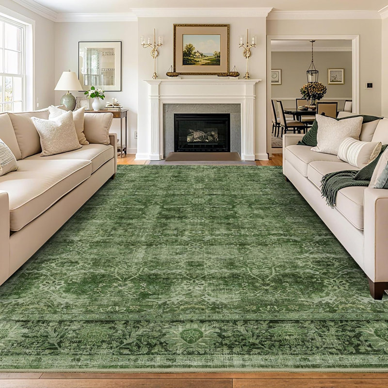 Tapis vert lavable pour salon, Green, Rectangle 8'x10'