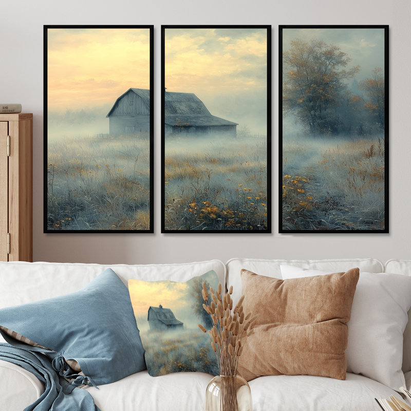 «Blue Misty Dawn Farmhouse IV», ensemble d'art mural de ferme, Toile avec cadre flottant noir, H 28 po x l 36 po x P 1 po
