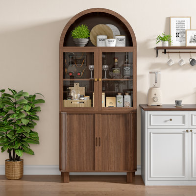 70" Tall Arched Kitchen Pantry Cabinet, Fluted Kitchen Storage Cabinets With Sliding Doors And Adjustable Shelves, Bookcase Display Cabinet, Mid Centu by Latitude Run