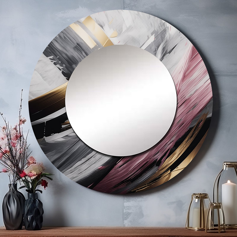 Piyus Pink And Gold Mysterious Marble IX - Marble Decorative Wall Mirror, Modern Round Mirror, Printed Metal Art, 23" x 23"